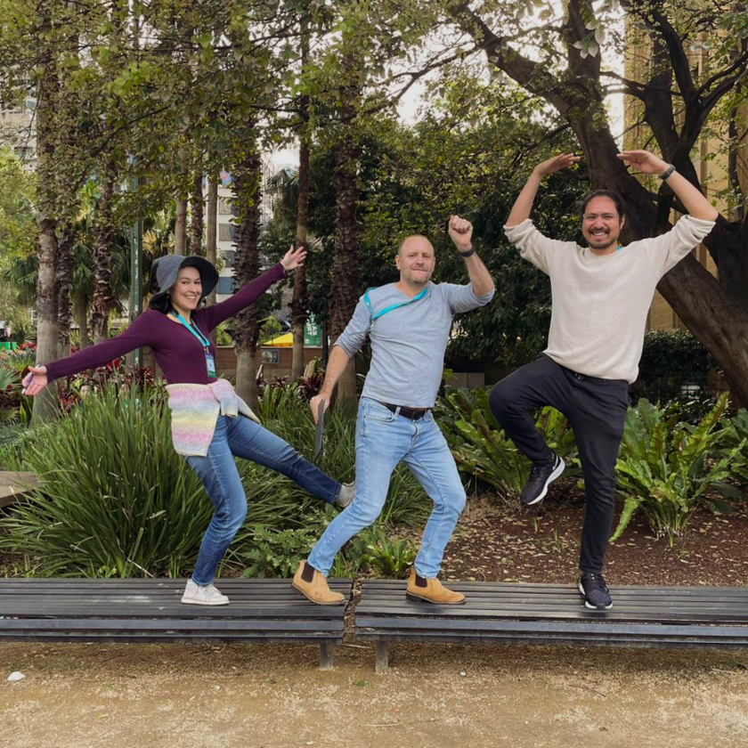 Upgrowth employees posing for a game played at a team event