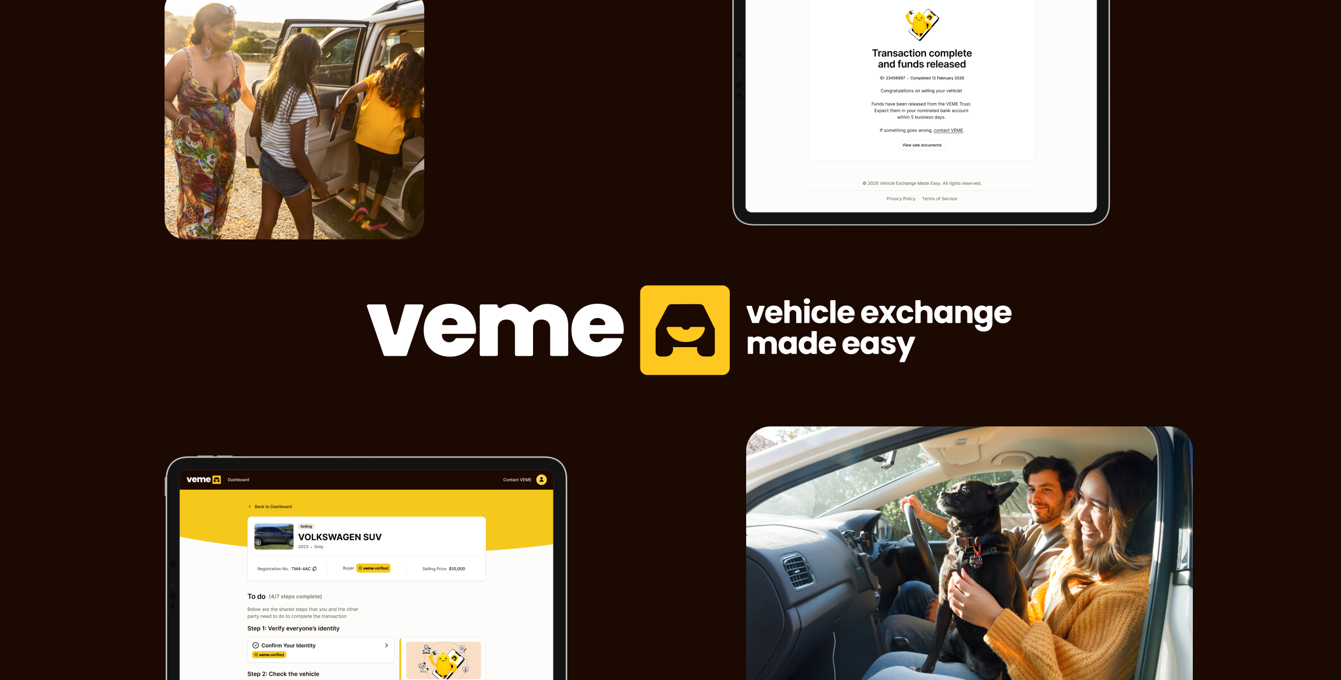 Veme logo with tagline 'vehicle exchange made easy' surrounded by images of people with cars and a tablet showing a vehicle sale dashboard.