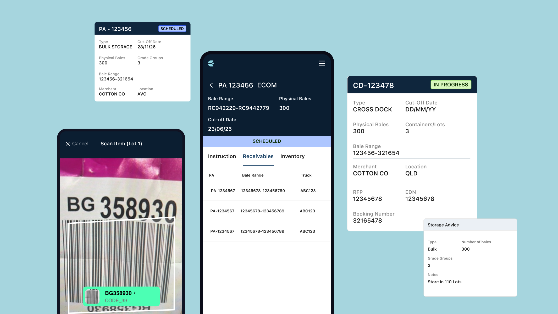 Croperation logistics screens on mobile and desktop showing a barcoded cotton bale record