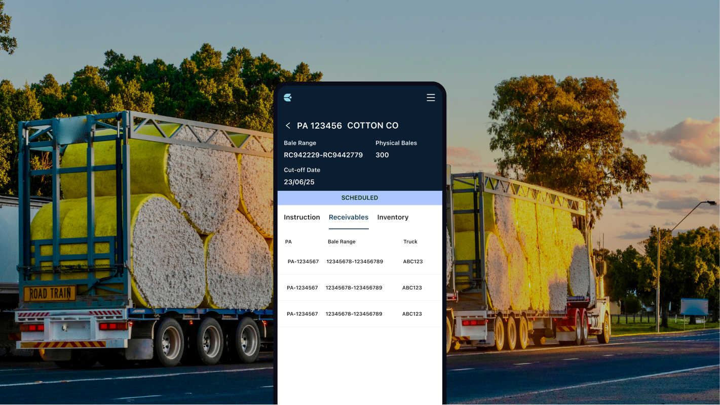 Croperation shipment details screen over a truck loaded with cotton modules