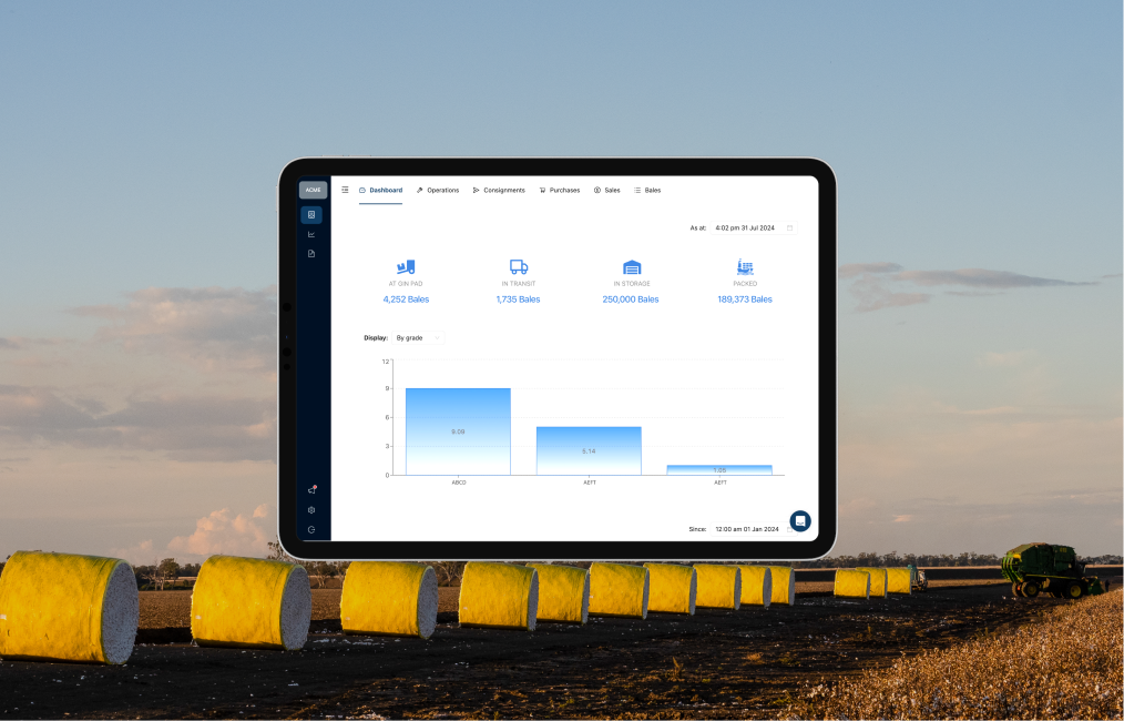 Croperation inventory dashboard on a tablet in front of cotton modules