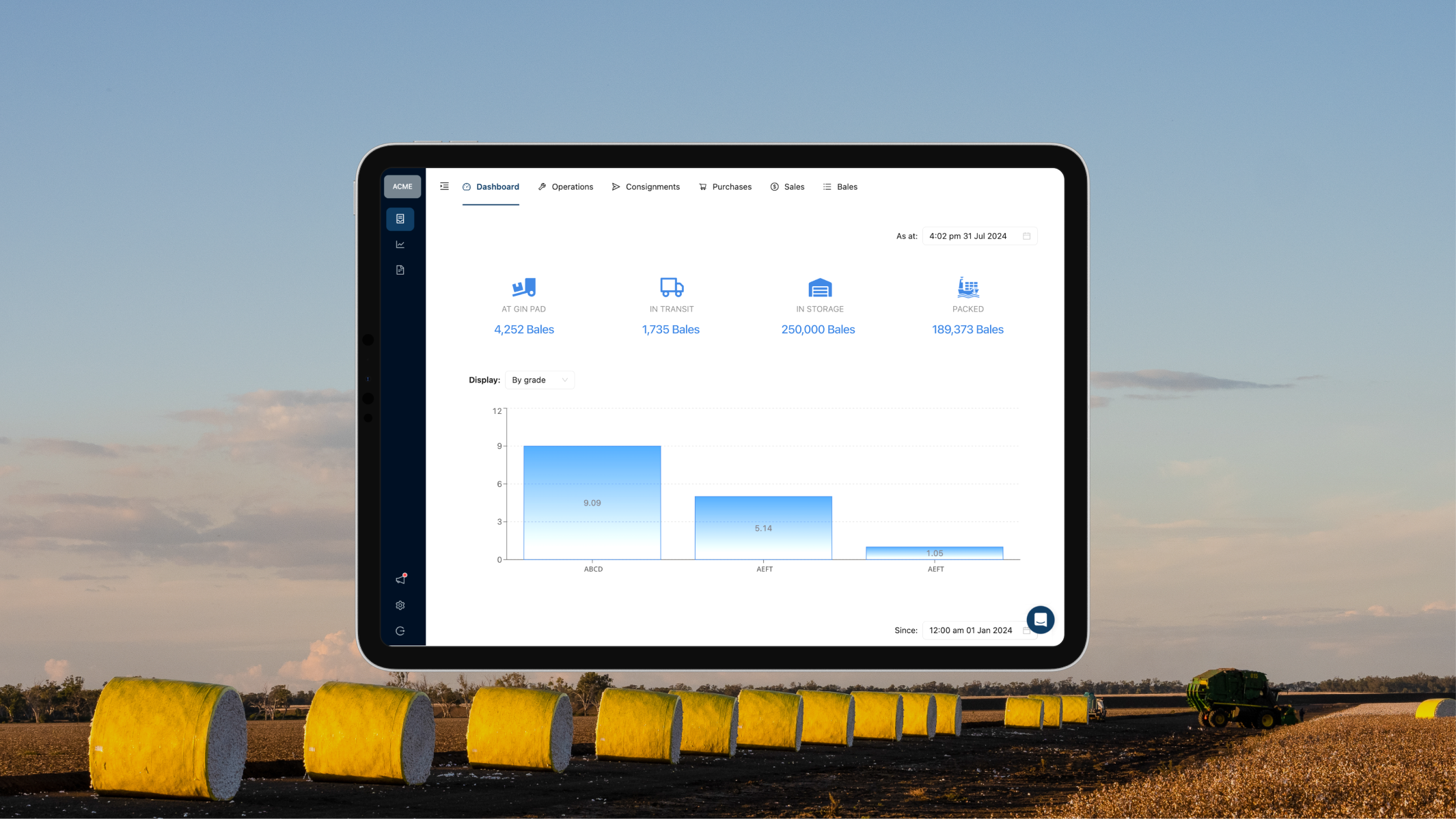 Croperation inventory dashboard on a tablet in front of cotton modules in a paddock at sunset