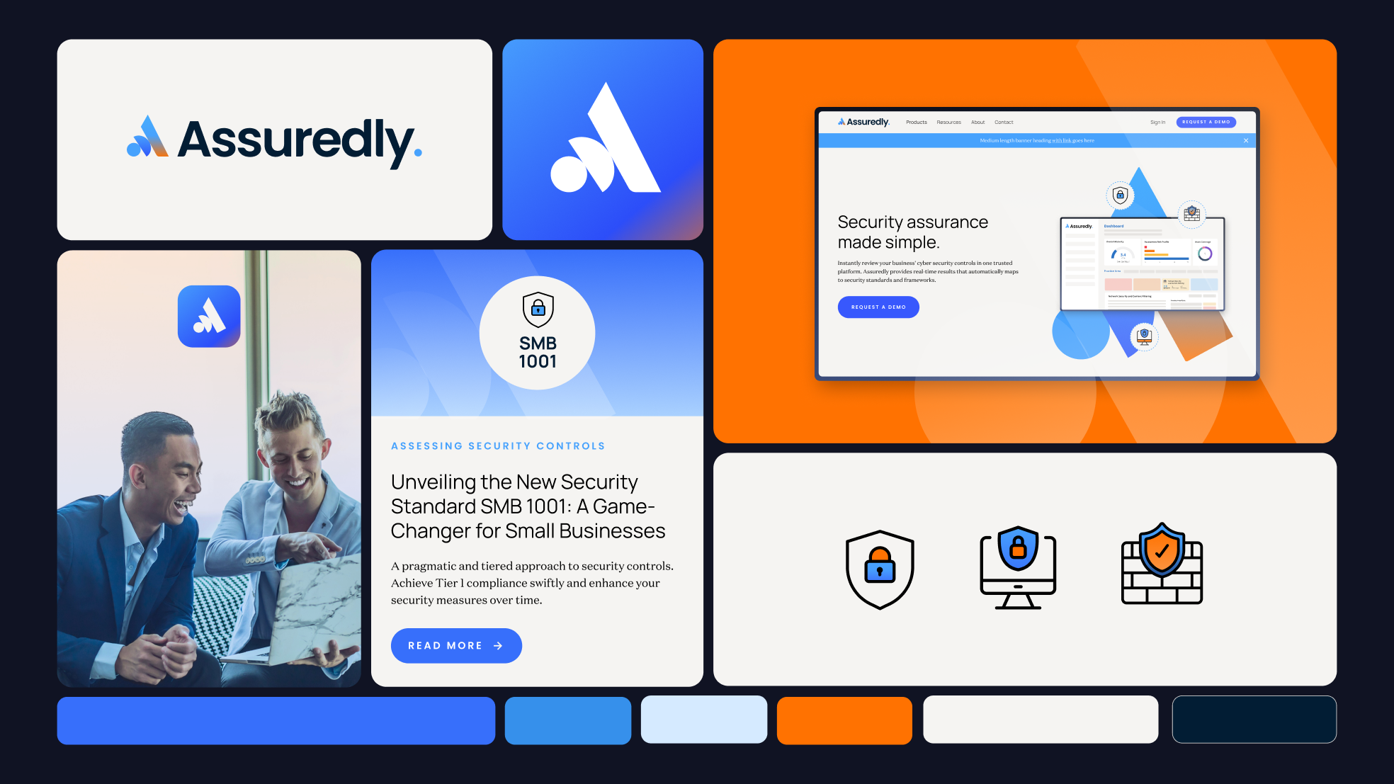 Assuredly brand collage with logo, website pages and security assessment visuals