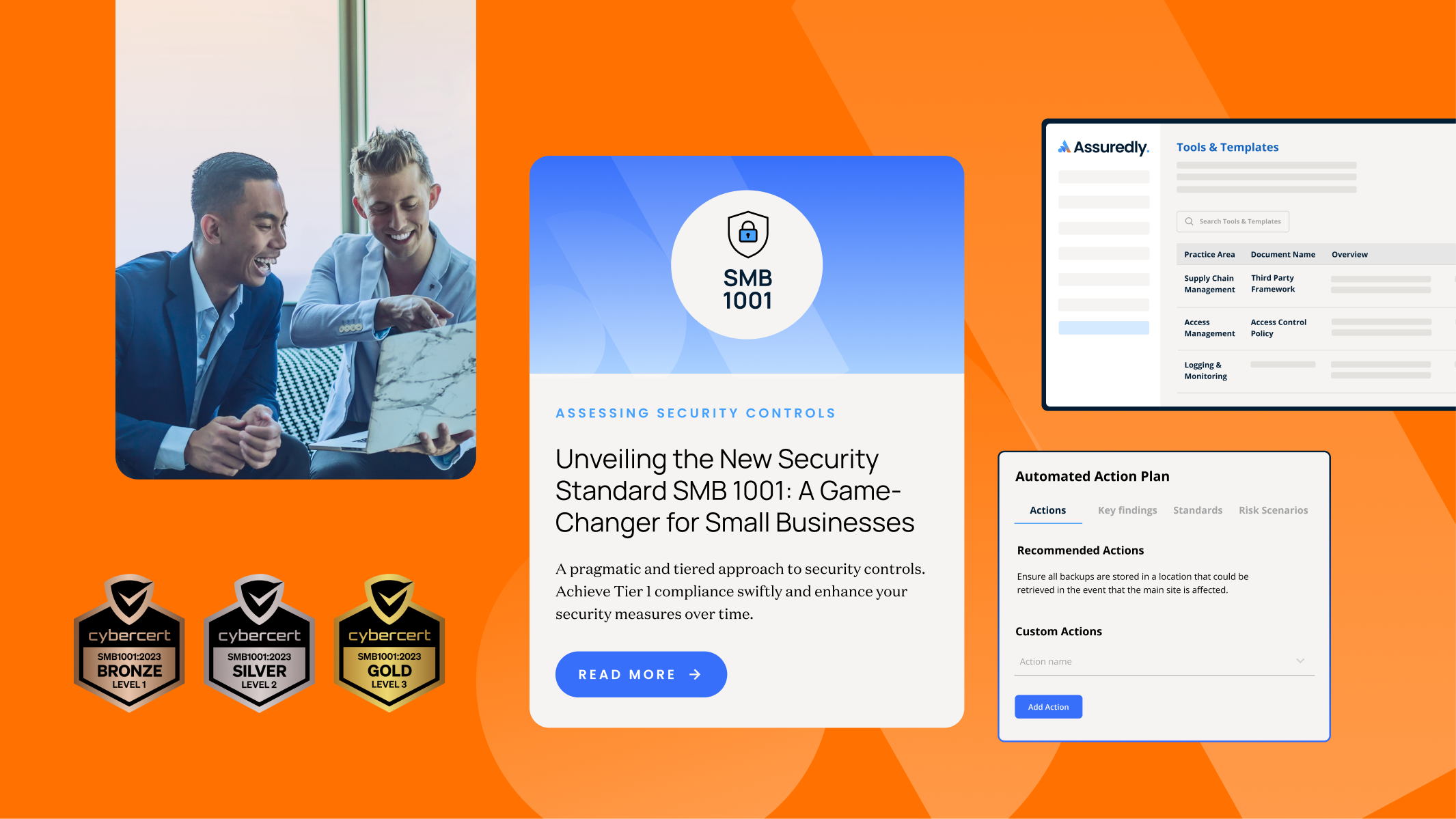 Assuredly platform screens with an action plan and CyberCert badges