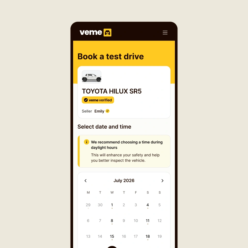 VEME mobile screen for booking a test drive, with a tip to choose a daylight time