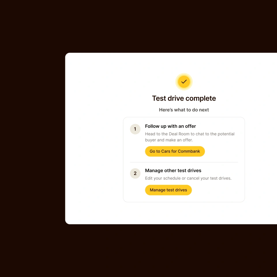 VEME test drive complete screen with next steps to make an offer or manage test drives