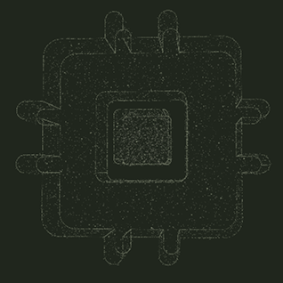 Black and white stylized icon of a microchip with connecting lines on a dark background.