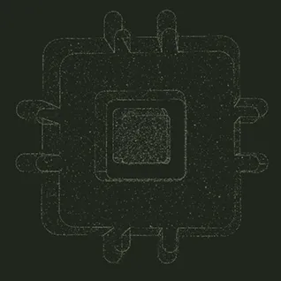 Black and white stylized icon of a microchip with connecting lines on a dark background.