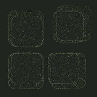 Four outlined squares with rounded corners and various folded edges on a dark background.