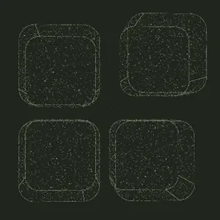 Four outlined squares with rounded corners and various folded edges on a dark background.