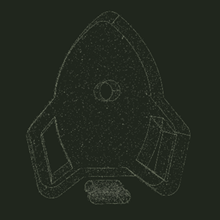 Outline of a stylized spaceship with two side wings and a central circular window.