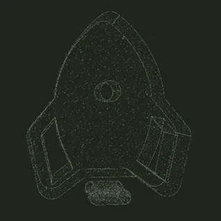 Outline of a stylized spaceship with two side wings and a central circular window.