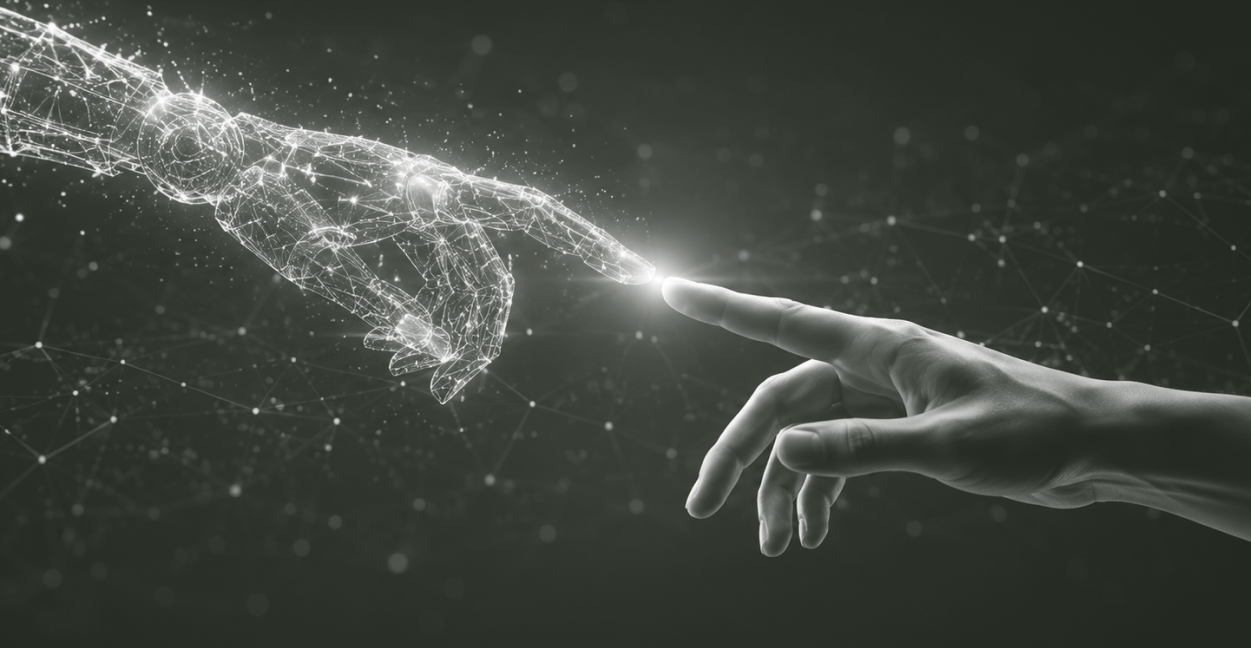 Human hand and digital robotic hand reaching out to touch fingertips with a glowing connection.