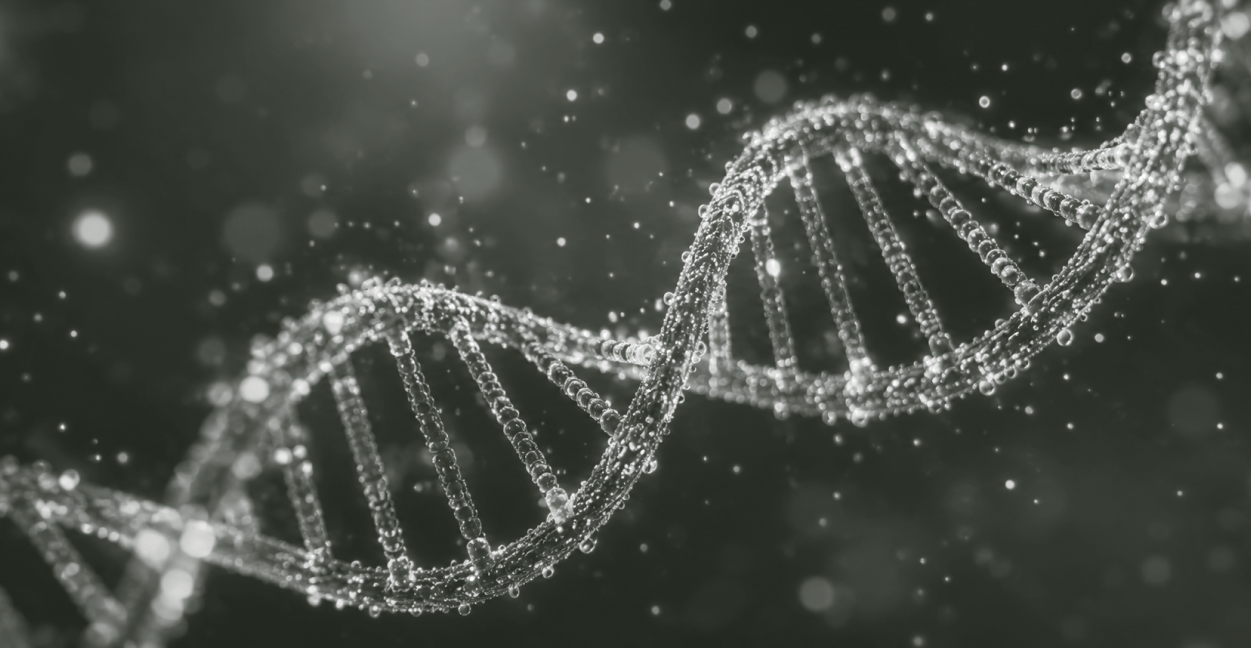 Close-up of a DNA double helix structure made of glowing molecular spheres against a dark background.