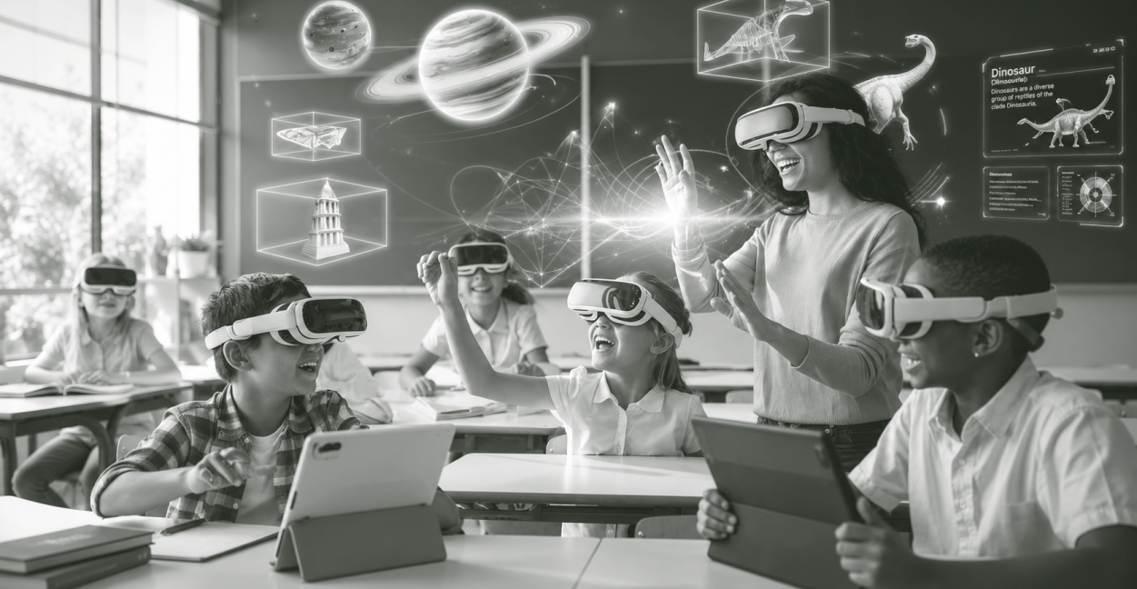 Teacher and diverse students wearing VR headsets using tablets in classroom exploring space and dinosaurs.