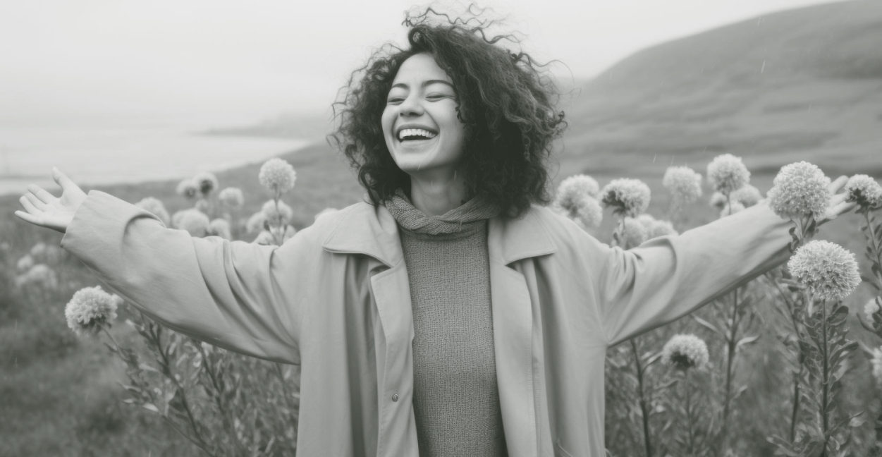Smiling woman with curly hair stands with arms open among tall flowers in a natural landscape.
