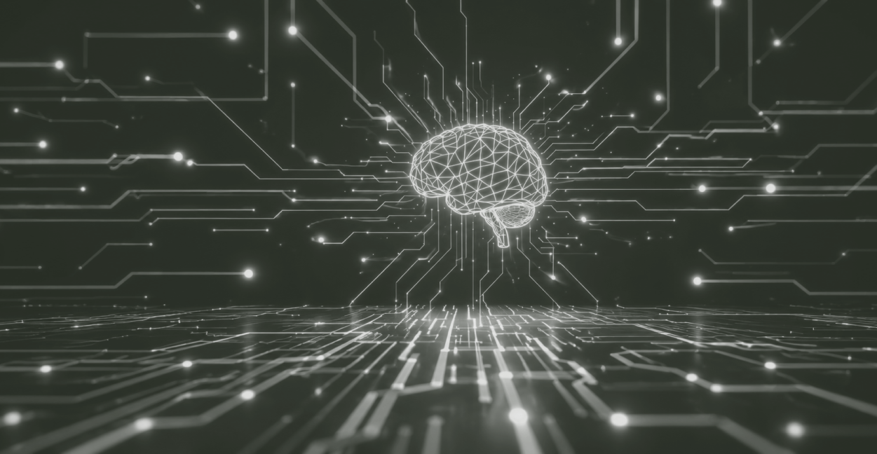 Glowing wireframe brain floating above circuit board with light connections in dark space.