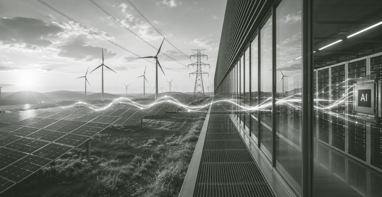 Solar panels and wind turbines connected to AI servers inside a building, symbolizing smart energy.