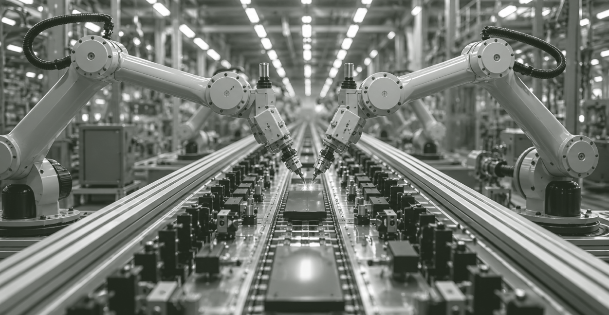 Two robotic arms working on an automated production line in a modern industrial facility.
