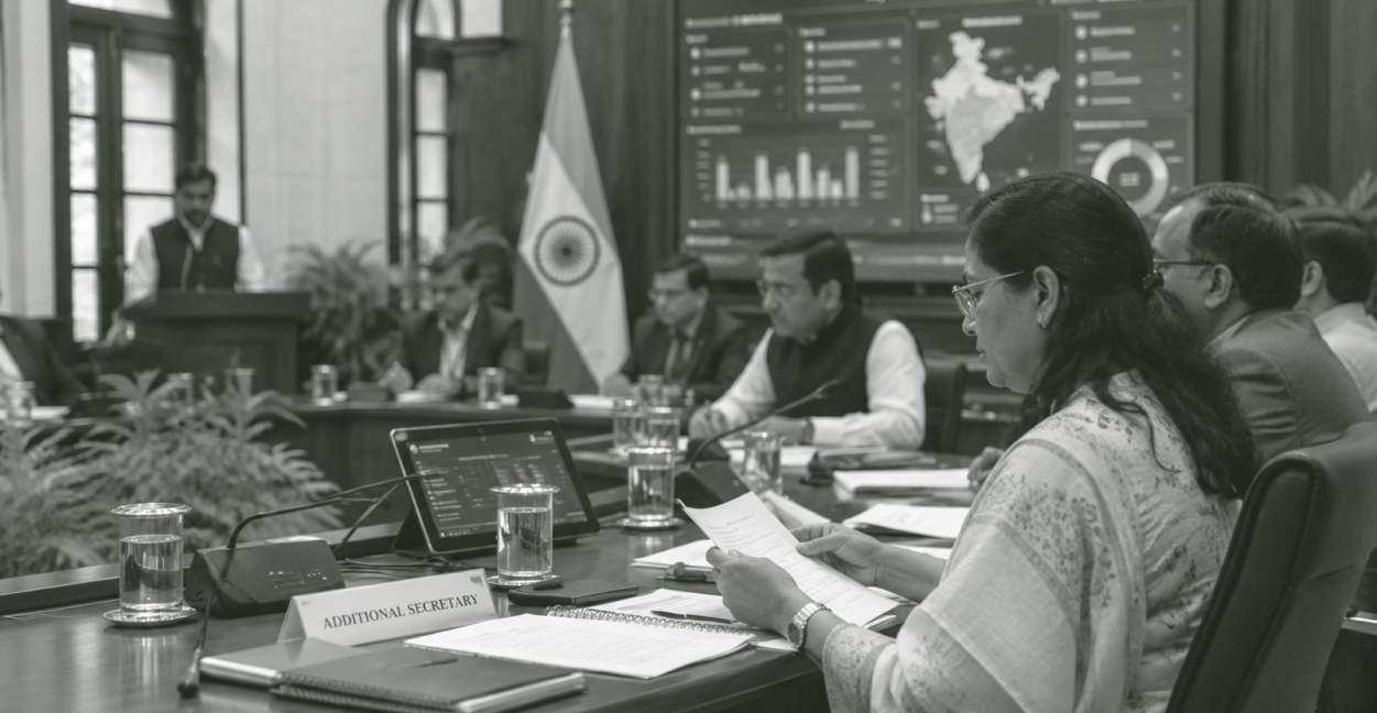 Officials in a meeting room with Indian flag and digital data displays on a screen.