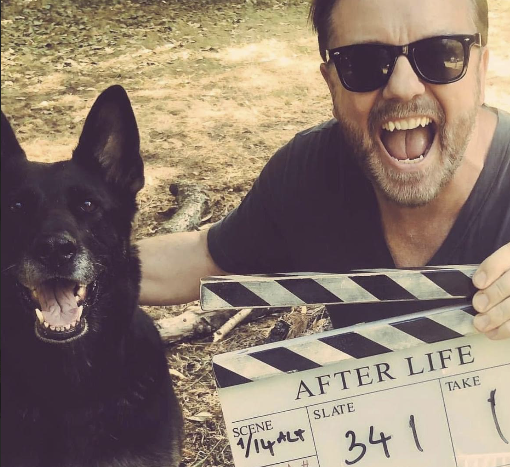 Ricky Gervais with Antilly on the set of After Life