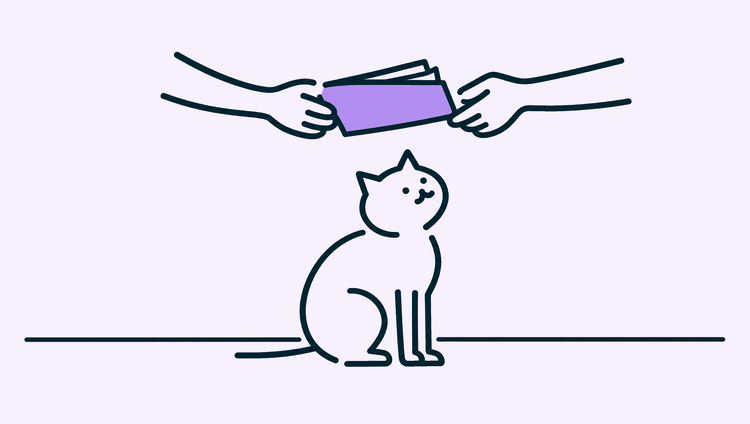 A cat sits looking up while one hand passes a folder of paperwork to another hand reaching in from the opposite side.
