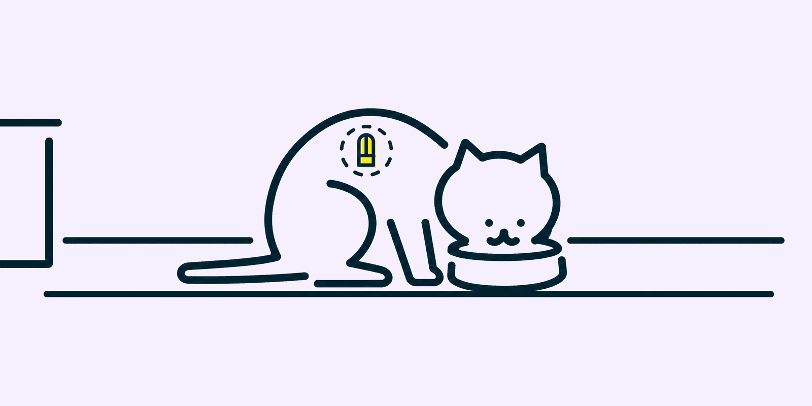 A cat crouches drinking from a round bowl on the floor, a small microchip in a dashed circle showing between its shoulder blades.