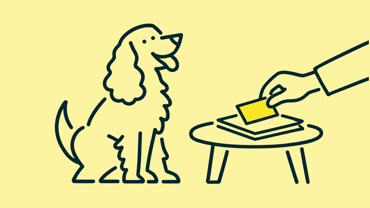 A line drawing of a cocker spaniel sitting beside a low table stacked with papers while a hand lifts a vaccination card from the pile.