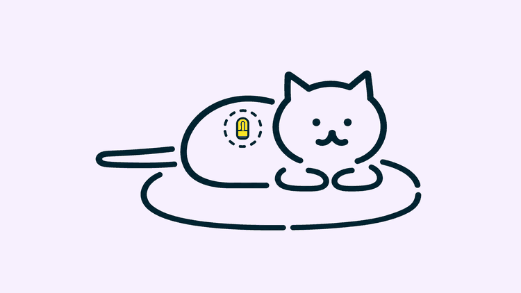 A cat lies in a loaf on a round cushion, with its microchip shown between its shoulder blades.