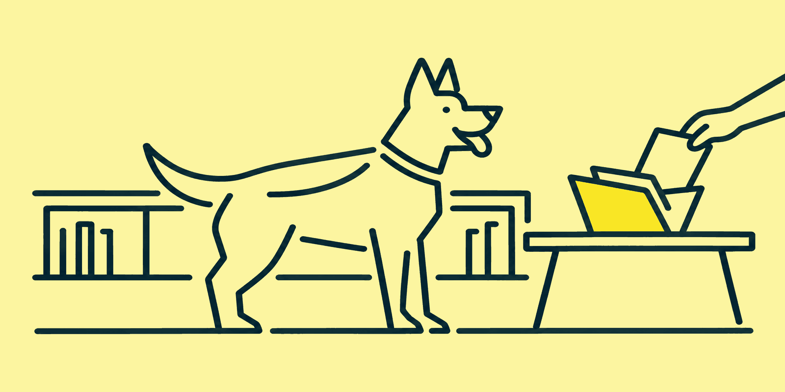 A dog stands beside a low table while a hand lays a single sheet of paper into an open folder holding the dog's documents.