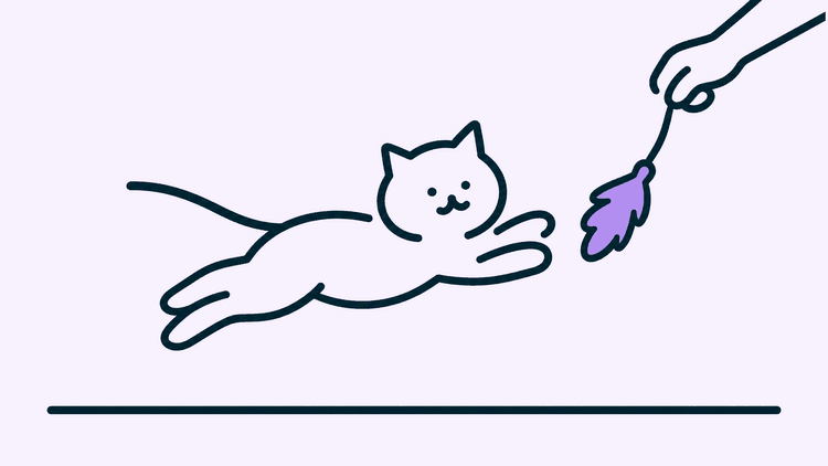 A kitten leaps towards a feather toy dangling on a string from a hand above.