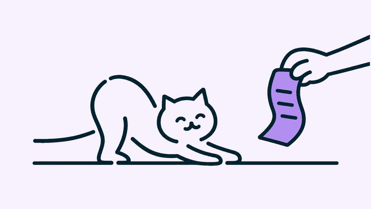 A kitten stretches out on the floor beside a hand holding a long paper receipt.