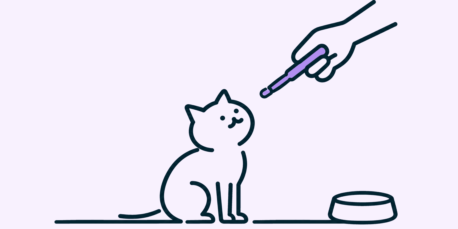 A tiny kitten sits on a vet's room floor looking up at a hand holding a slim microchip implanter, showing how small the chip and needle really are.