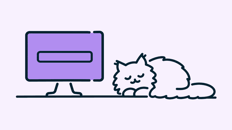 A cat sleeps curled on a desk beside a computer monitor showing a single empty search box.