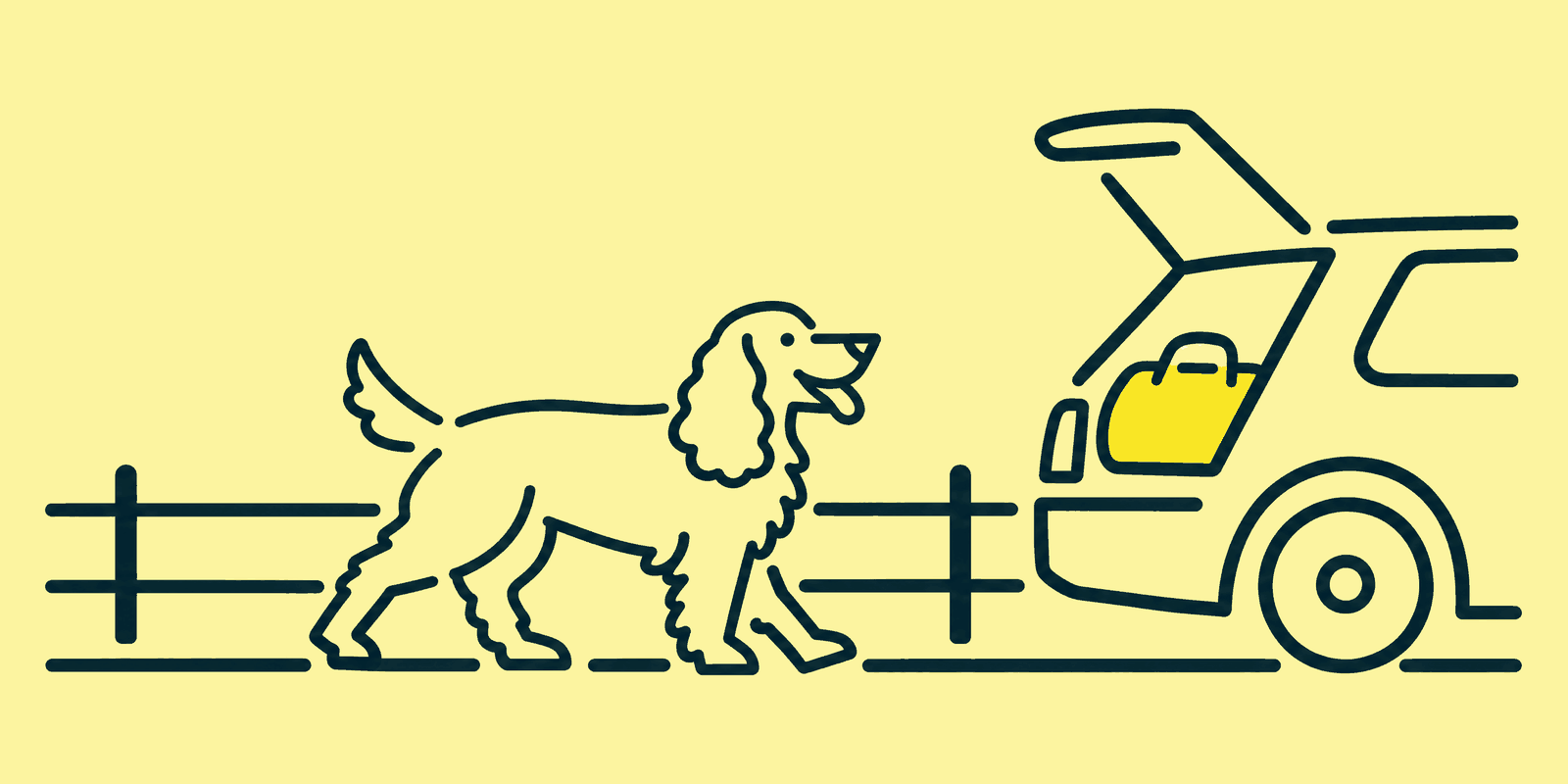 A cocker spaniel trots along a front path toward the open boot of a car, where a packed holdall bag waits for the trip.