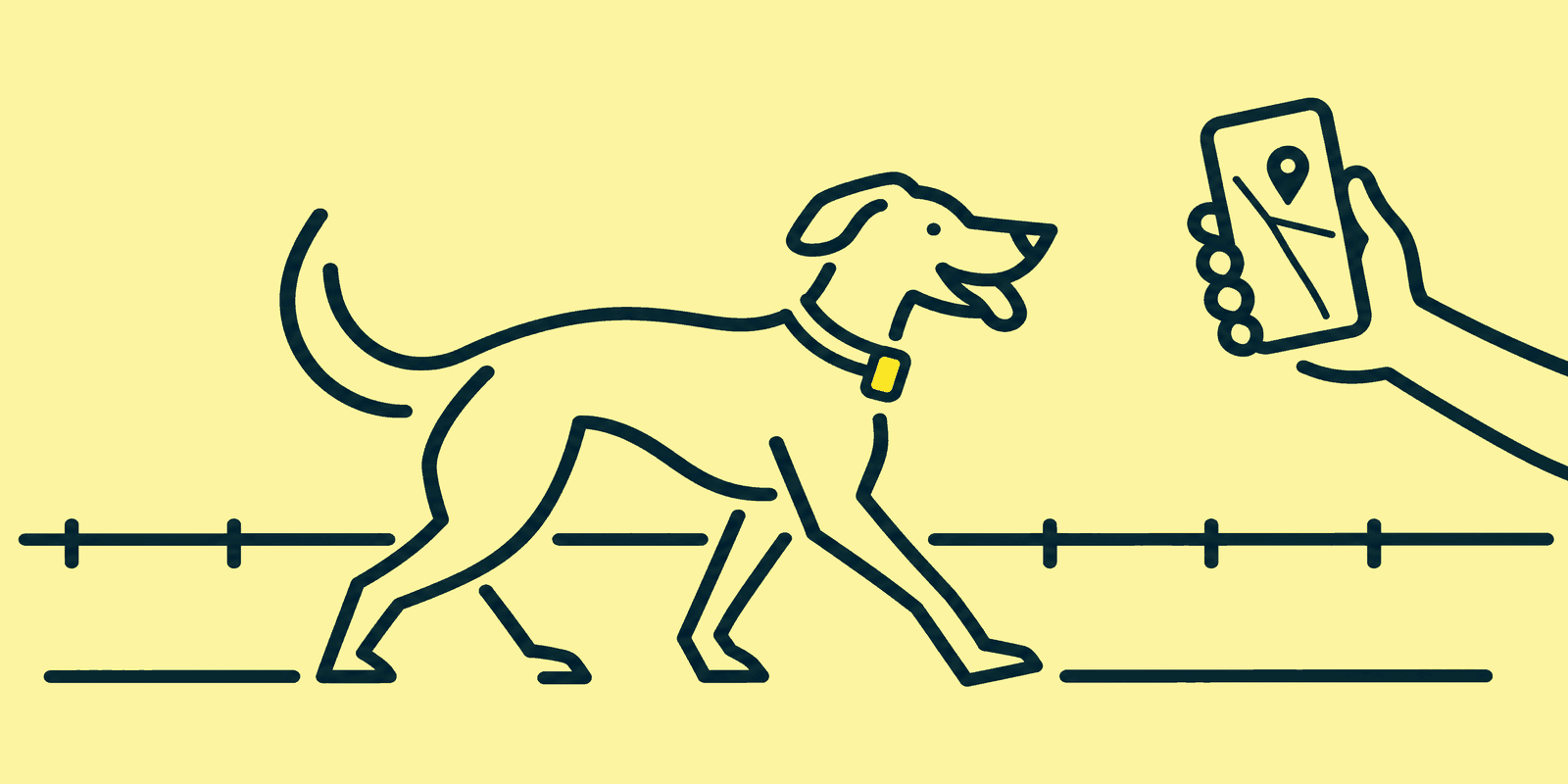 A dog trots along wearing a collar with a small tracker while a hand holds a phone showing a simple map with a pin marking the dog's position.
