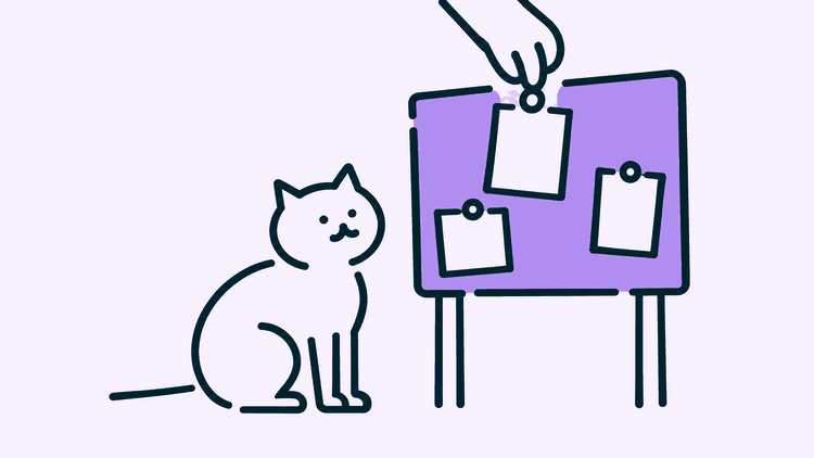 A cat sits beneath a community noticeboard while a hand pins up a blank card.