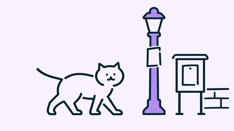 Line drawing of a cat walking along a street past a lamppost and noticeboard with blank posters at eye level.