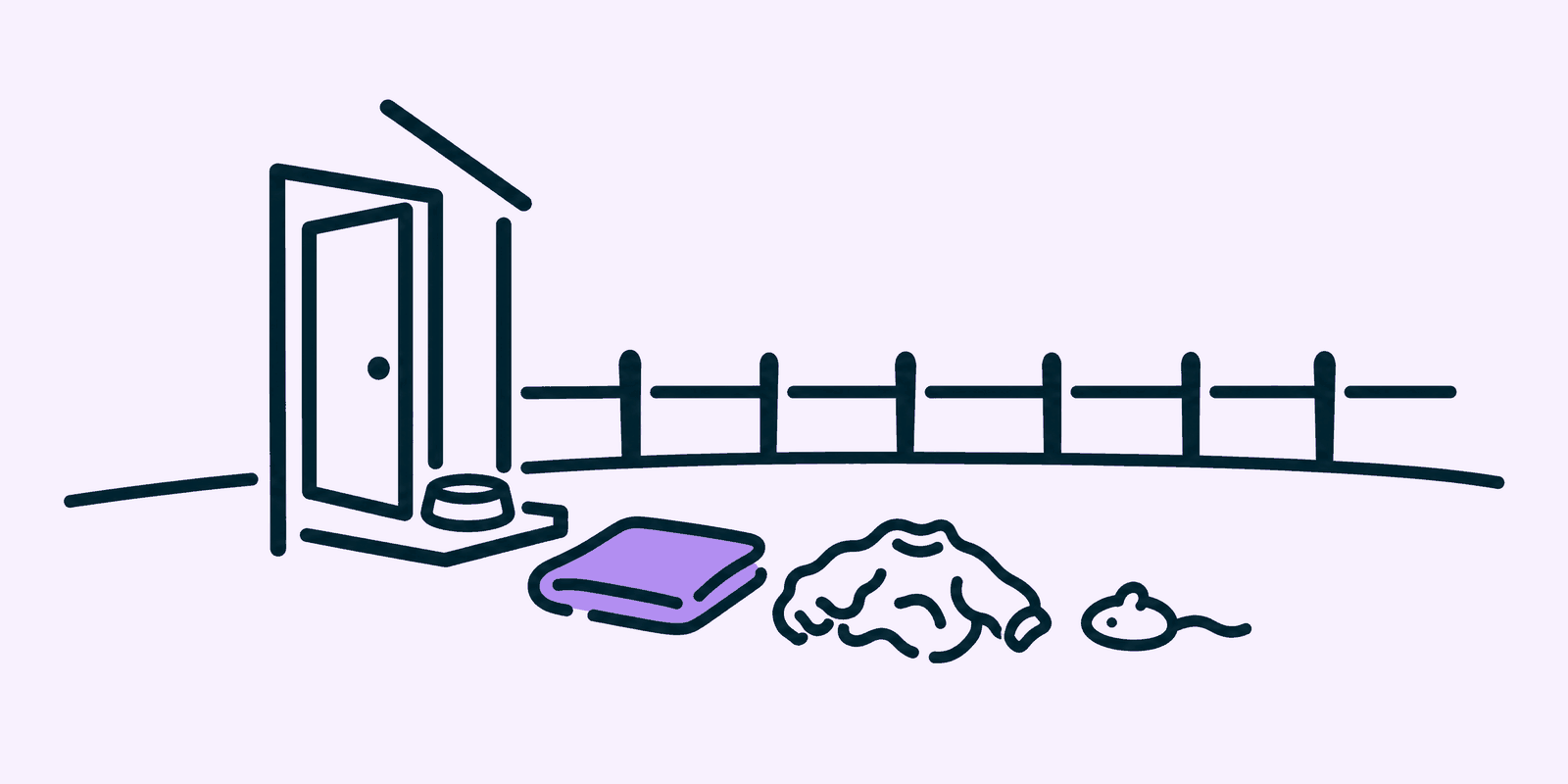 A back garden with an open back door, and a trail of familiar scent items laid on the ground leading away from it: a small blanket, a worn jumper and a toy, with a round food bowl beside the door.