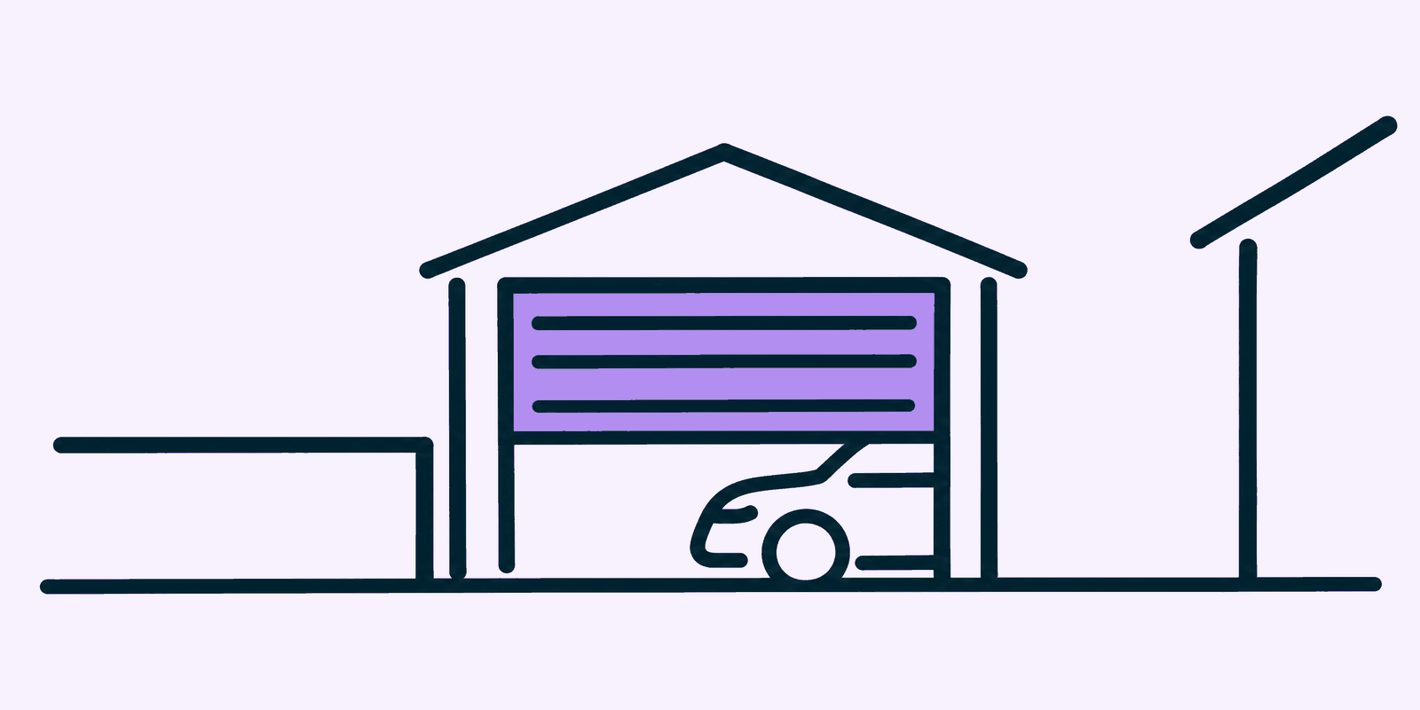 A neighbour's garage with its door half raised, the front of a small car just visible inside, on a quiet driveway.