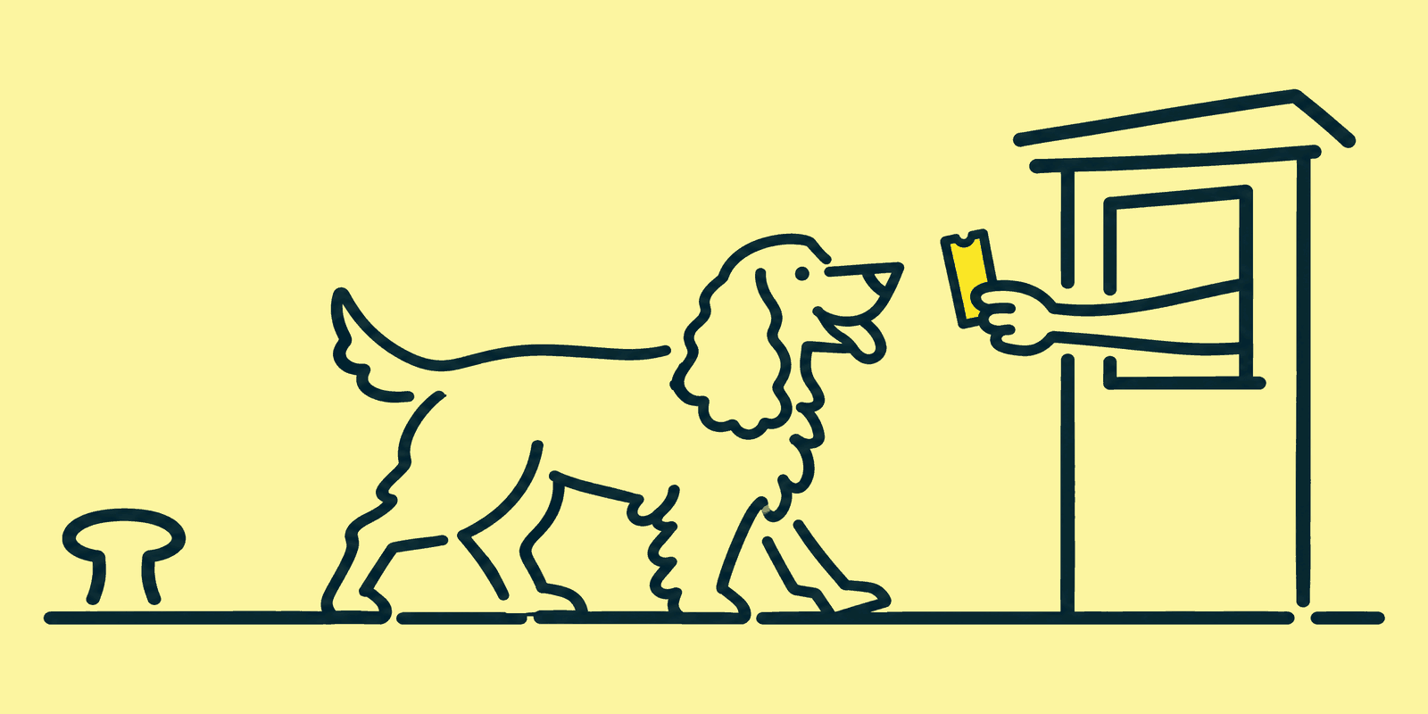 A cocker spaniel trots along a quayside toward a small ticket kiosk, where a hand holds out a single travel ticket for the crossing.
