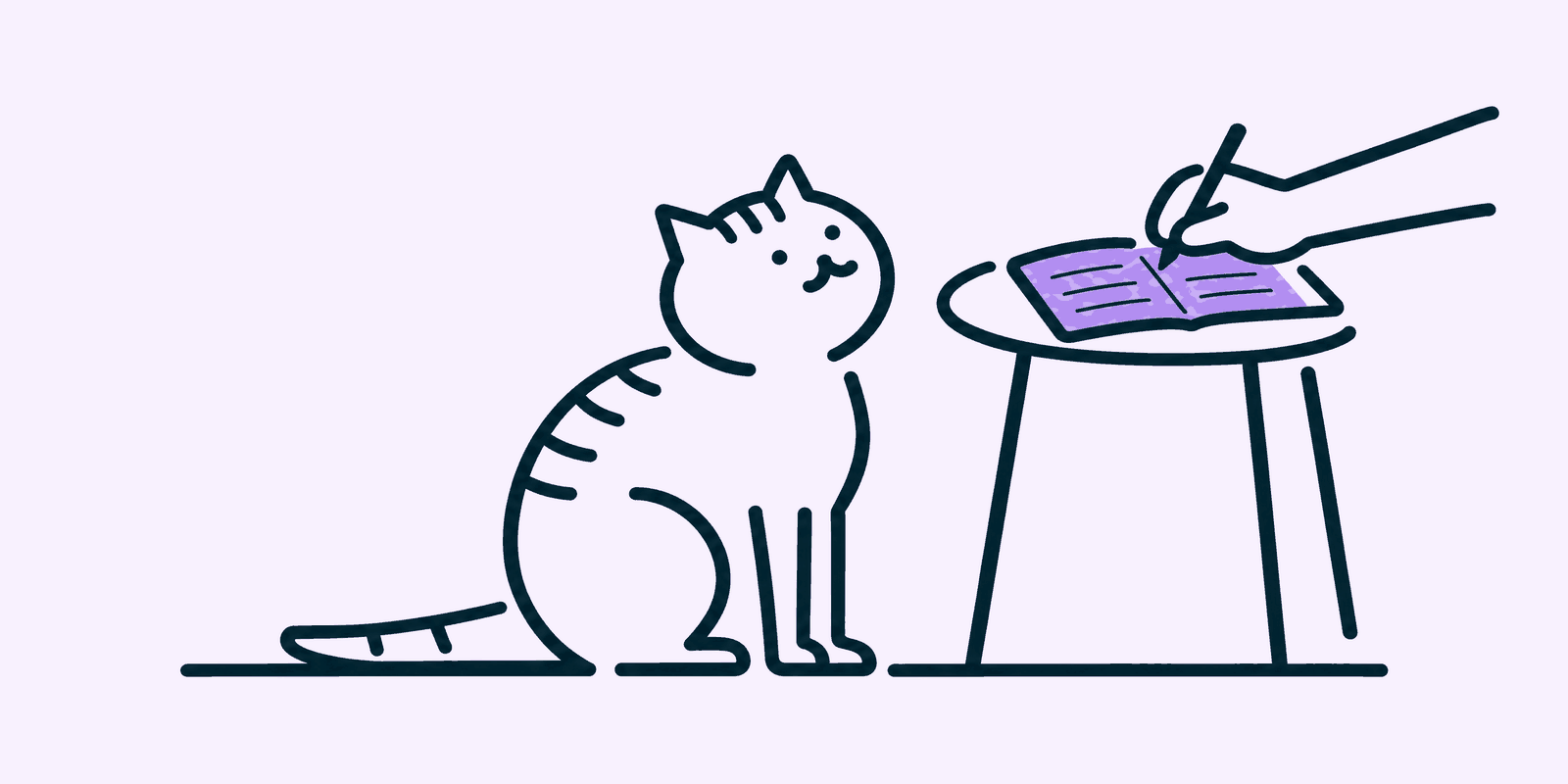 A tabby cat sitting and looking up at a hand writing a chip number into a small open notebook on a side table.