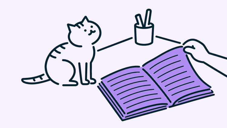 A cat sits on a desk watching a bare hand turn the page of a large open register book.