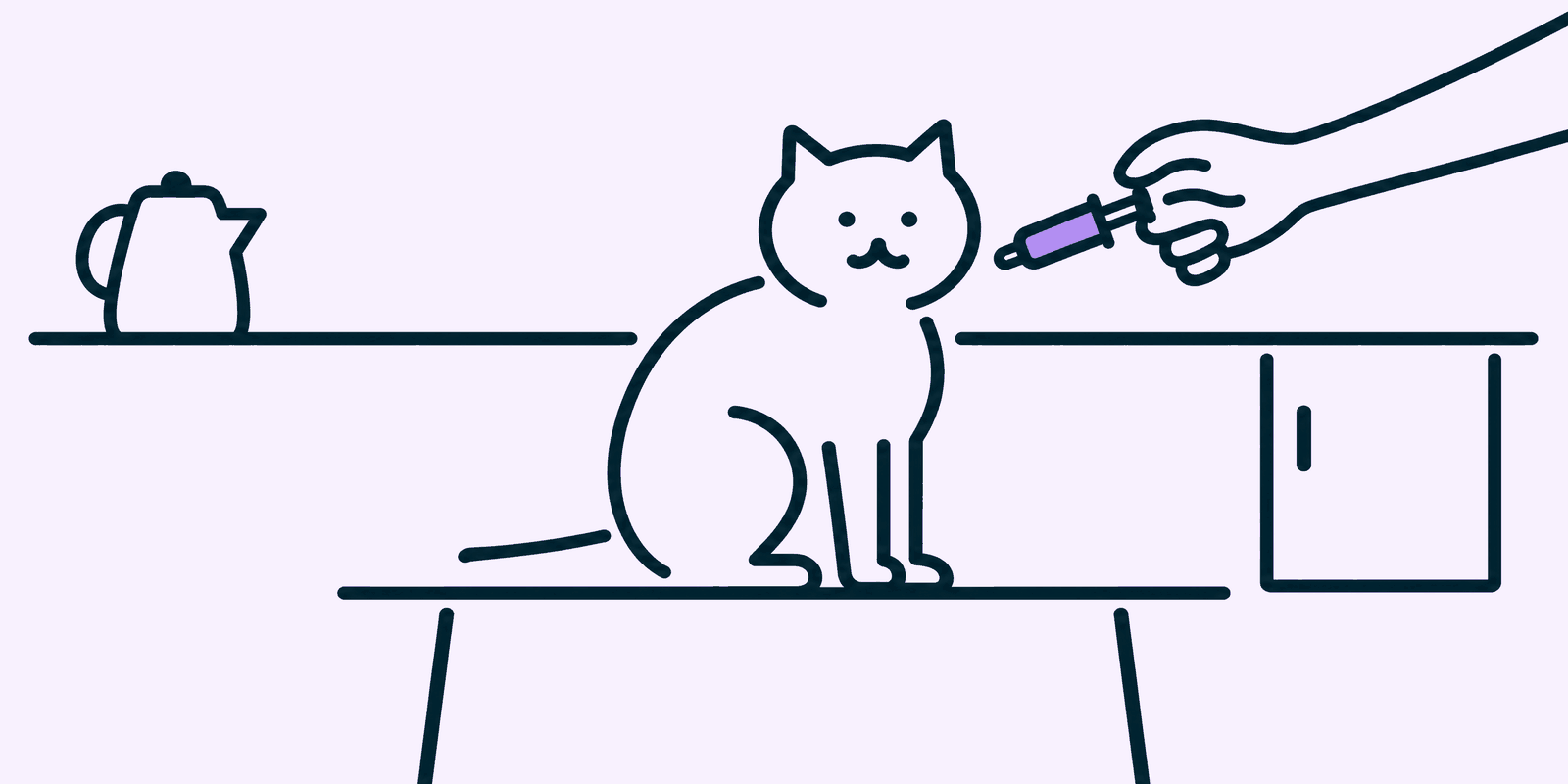 A cat sits on a kitchen table at home while a hand holds a small capped syringe just above its shoulders, the question of who may chip a pet hanging in the scene.