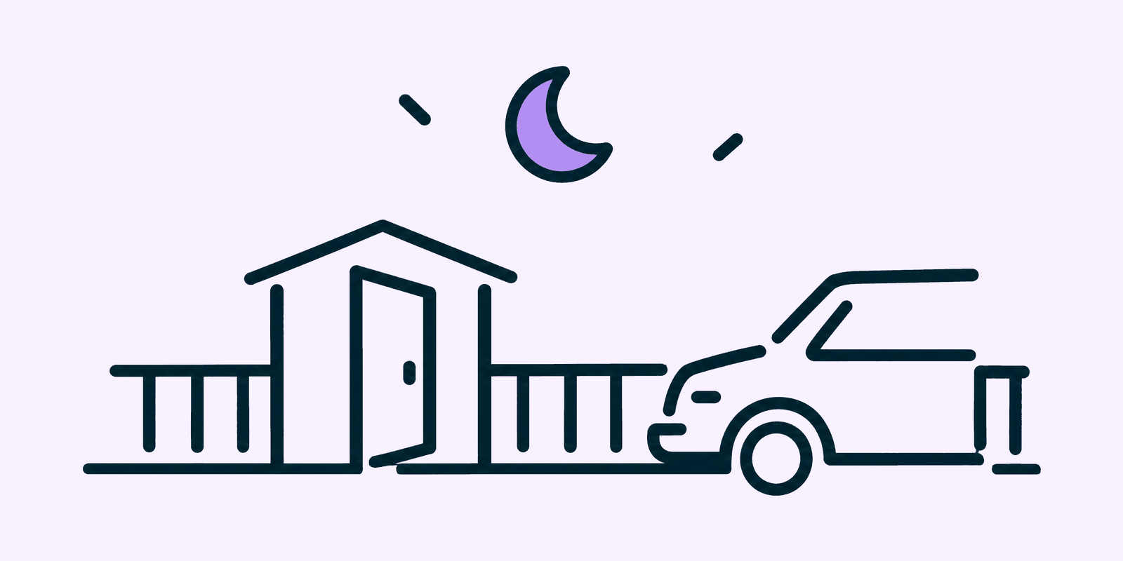 A quiet residential street at night with a bold purple crescent moon high above a low fence, a parked car and a small shed with its door ajar, all drawn in outline on a pastel purple ground.