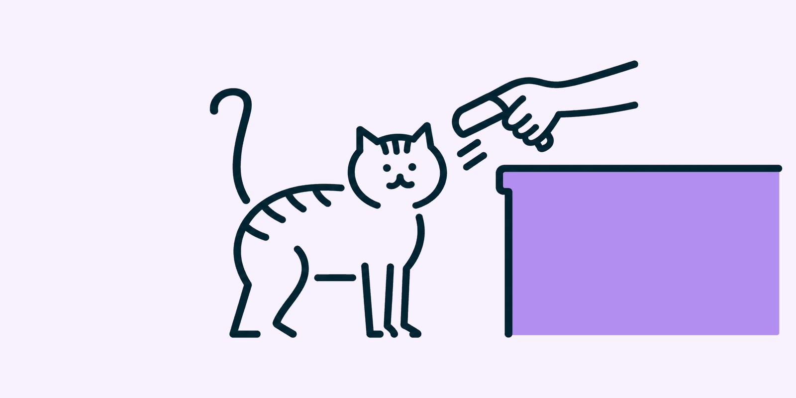 A tabby cat standing on a vet's reception floor with its tail up while a hand reaches over the counter holding a small scanner above its shoulders.
