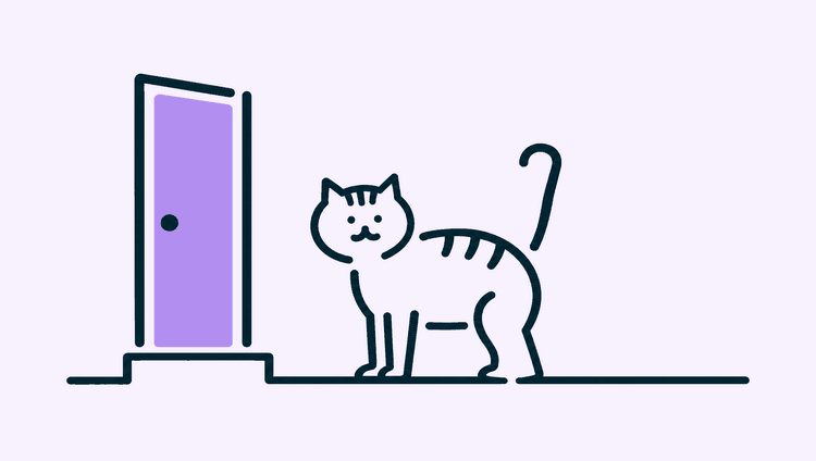 A cat standing at a plain closed front door, tail raised, looking back toward the viewer.