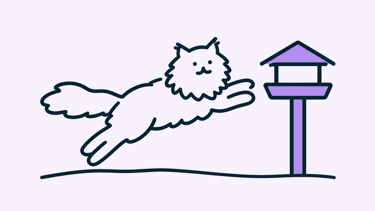 A long-haired cat leaps from the lawn towards a wooden bird table.