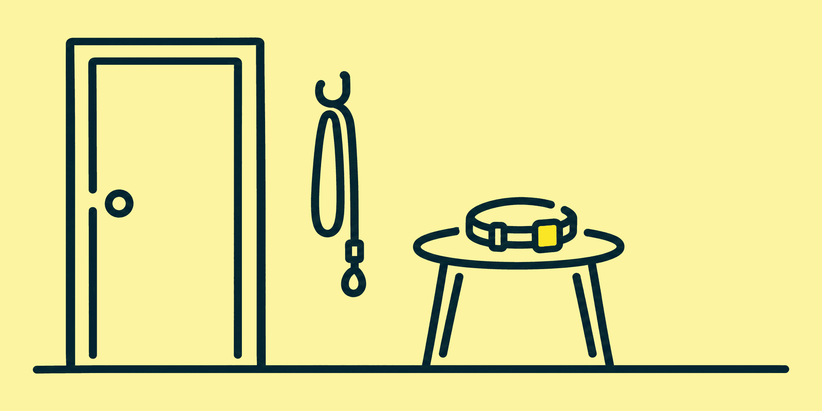 A hallway with a small side table holding a dog collar with a rectangular GPS tracker clipped to it, a lead hanging on a wall hook beside a closed front door.