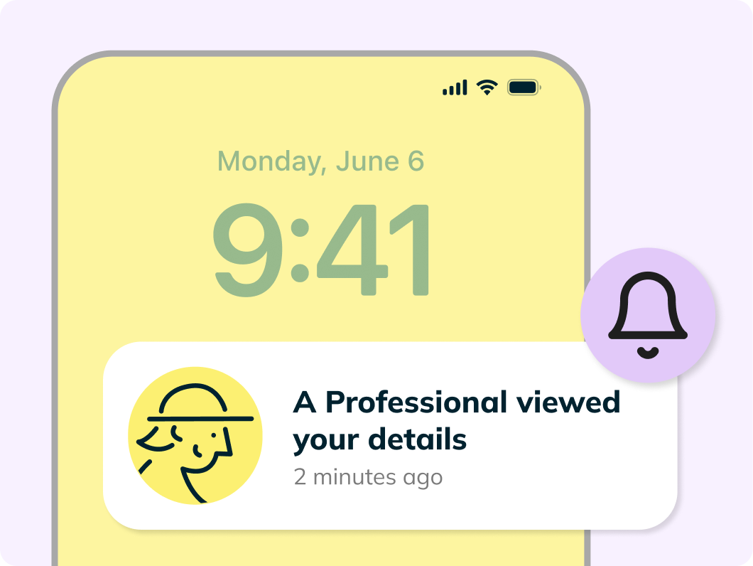 Phone screen shows a notification: A professional viewed your details, 2 minutes ago, with a bell icon.